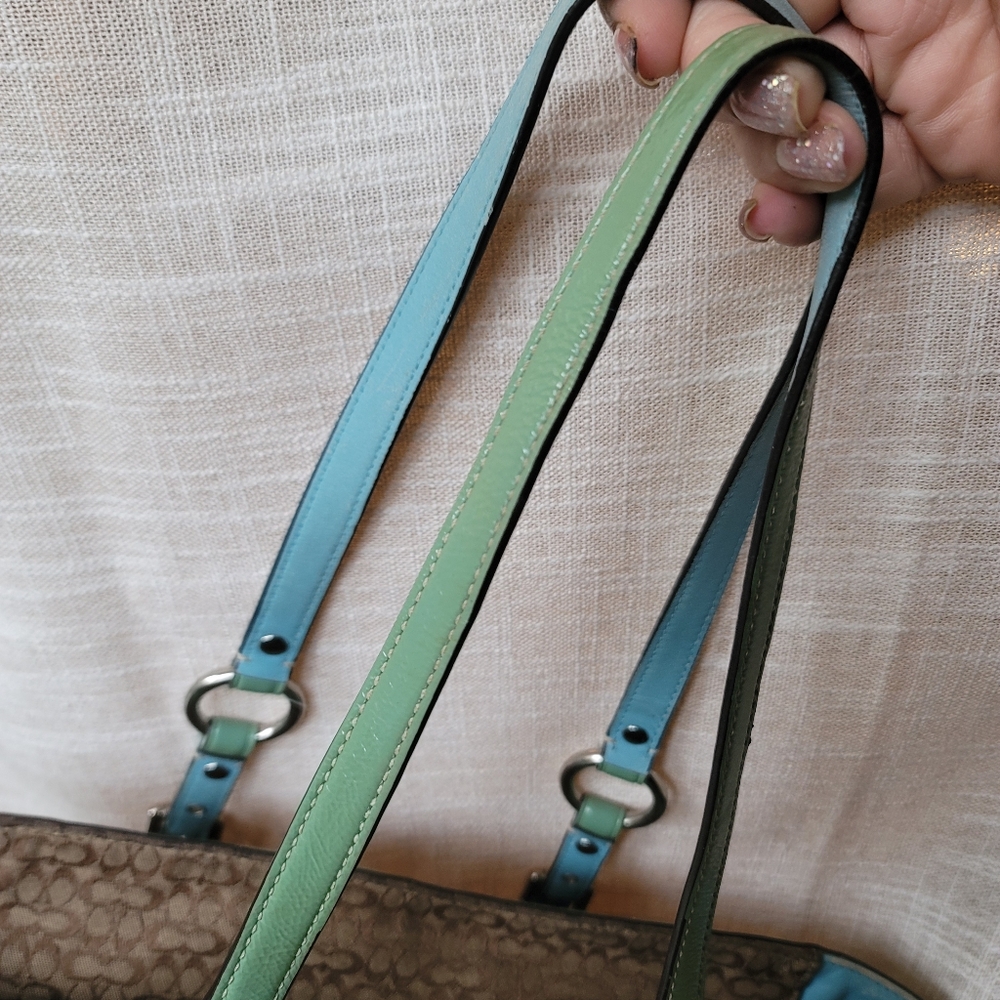 Coach Brown Signature Canvas Tote with Mint Trim and Straps - Picture 3 of 12